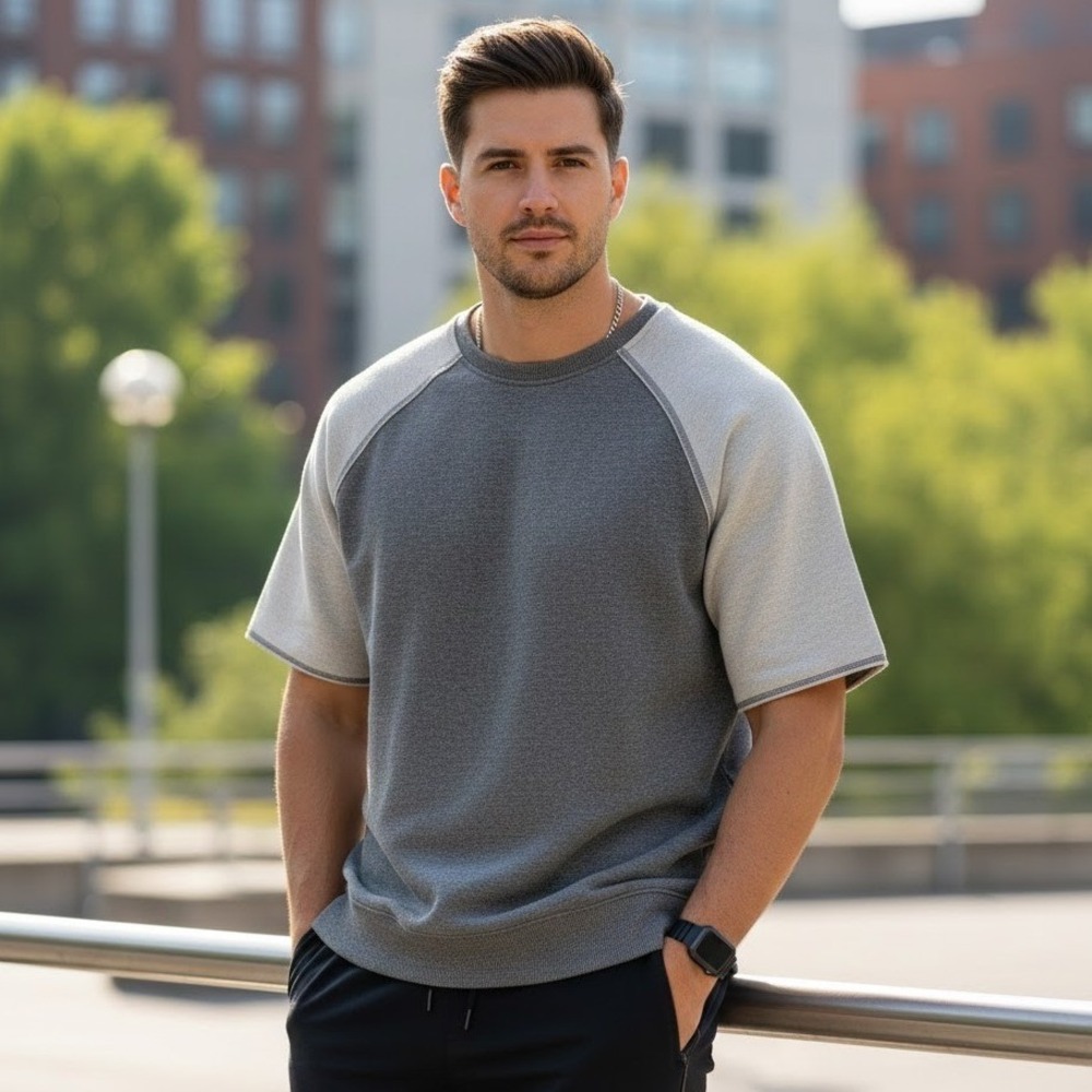 Ptula $68 Large Short Sleeve Crewneck Sweatshirt Gray Raglan Athleisure Pullover